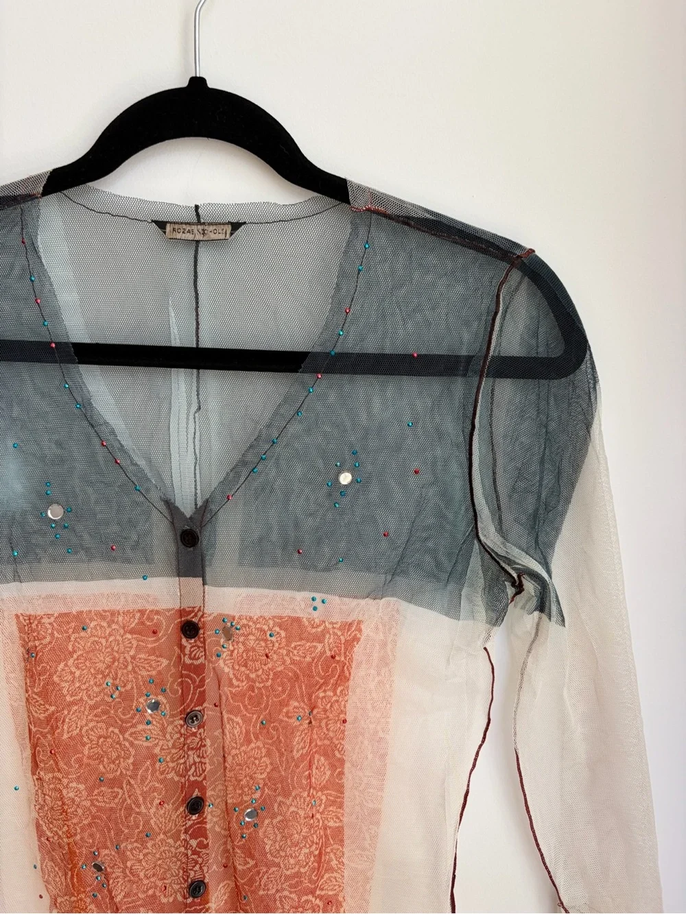 Vintage Rozae Nichols 90s sheer net mesh button up blouse with beaded details - Picture 2 of 7